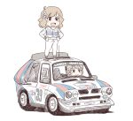  2girls idolmaster idolmaster_million_live! idolmaster_million_live!_theater_days lancia_(brand) lancia_delta_s4 martini multiple_girls racing_suit rally_car sakuramori_kaori standing_on_car suou_momoko tamiya_souichirou 