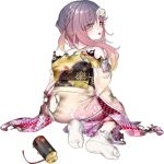  1girl akasaka_yuzu flower gradient_hair hair_flower hair_ornament japanese_clothes kantai_collection kimono looking_back lowres multicolored_hair official_art purple_hair short_hair_with_long_locks socks torn_clothes transparent_background tsushima_(kantai_collection) yellow_eyes 