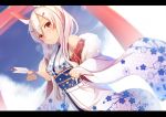  1girl :o arrow ayanami_(azur_lane) azur_lane bare_shoulders bell blonde_hair blue_sky blush breasts breath closed_mouth clouds day dutch_angle ema eyebrows_visible_through_hair floral_print fur_trim glint hamaya headgear highres holding japanese_clothes jingle_bell kimono lens_flare letterboxed long_hair long_sleeves medium_breasts nengajou new_year obi off_shoulder open_mouth outdoors ponytail print_kimono red_eyes sash sideboob sky solo tatapopo torii white_kimono wide_sleeves winter 