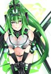  1girl armband bangs bare_shoulders bent_over black_gloves black_legwear breasts bright_pupils closed_mouth crop_top elbow_gloves facing_viewer gloves green_hair green_heart groin hair_between_eyes hair_intakes headgear high_ponytail horn large_breasts long_hair looking_at_viewer mecha_musume mechanical_wings neptune_(series) next_green panties ponytail power_symbol shin_jigen_game_neptune_vii smile solo stomach thigh-highs thigh_gap underwear very_long_hair warabi_mochi_(ehimedaisuki) white_pupils wings 
