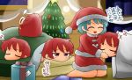  2girls ^_^ barefoot blue_hair box christmas christmas_tree clock closed_eyes commentary_request disembodied_head futon gift gift_box hat indoors kneeling looking_at_another multiple_girls night nose_bubble open_mouth pillow red_eyes redhead sack santa_costume santa_hat sekibanki short_hair sleeping smile star tatara_kogasa touhou translation_request under_covers window yukimuro zzz 