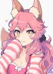 animal_ears bra breasts casual cleavage collarbone fate/extra fate/grand_order fate_(series) fox_ears fox_tail heart highres kisaragi_yuu_(fallen_sky) large_breasts looking_at_viewer open_clothes open_shirt pink_bra pink_hair shirt simple_background striped striped_shirt tail tamamo_(fate)_(all) tamamo_no_mae_(fate) underwear white_background yellow_eyes 