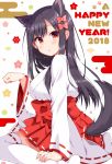  1girl 2018 :o animal_ears bangs black_hair blush bow breasts dog_ears dog_girl dog_tail floral_background from_side hair_bow hakama happy_new_year japanese_clothes kimono long_hair long_sleeves looking_at_viewer looking_to_the_side medium_breasts multicolored multicolored_eyes new_year open_mouth original paw_pose pink_bow red_eyes red_hakama sitting solo tail thigh-highs tsukudani_norio wariza white_kimono white_legwear wide_sleeves yellow_eyes zettai_ryouiki 