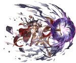  1girl animal_ears bangs black_hair boots breasts cape detached_sleeves erun_(granblue_fantasy) full_body gloves granblue_fantasy gun high_heel_boots high_heels holding holding_weapon ilsa long_hair long_sleeves medium_breasts minaba_hideo official_art one_leg_raised pants red_eyes sideboob solo torn_clothes transparent_background twisted_torso uniform weapon 