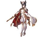  1girl animal_ears bangs black_hair boots cape detached_sleeves dual_wielding erun_(granblue_fantasy) full_body gloves granblue_fantasy gun hat high_heel_boots high_heels holding holding_weapon ilsa long_hair long_sleeves looking_at_viewer minaba_hideo official_art pants red_eyes serious solo standing torn_clothes transparent_background uniform weapon 