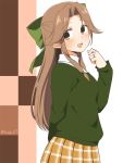  1girl :d alternate_costume arm_behind_back bangs blush bow brown_eyes brown_hair eyebrows_visible_through_hair from_side green_bow green_sweater hair_bow half_updo jewelry jintsuu_(kantai_collection) kantai_collection kisaragi_hina long_hair long_sleeves looking_at_viewer looking_to_the_side open_mouth parted_bangs plaid plaid_skirt ring sidelocks skirt smile solo twitter_username wedding_band yellow_skirt 