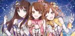  3girls breasts brown_eyes brown_hair cleavage commentary_request ecru green_eyes hair_ornament hand_holding honda_mio idol_clothes idolmaster idolmaster_cinderella_girls multiple_girls one_eye_closed shibuya_rin shimamura_uzuki sparkle yellow_eyes 