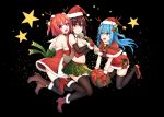  3girls :d bare_shoulders bell black_background black_legwear blue_eyes blue_hair boots box breasts brown_hair capelet christmas commentary elbow_gloves fake_antlers fur_trim gift gift_box gloves hair_between_eyes hair_ornament half_updo hat healther heterochromia high_heels highres long_hair looking_at_another looking_at_viewer medium_breasts multiple_girls open_mouth original red_eyes red_gloves redhead santa_costume santa_hat sash shoes short_hair short_ponytail smile star thigh-highs violet_eyes yellow_eyes 