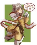  !? 1girl animal_ears ass bangs blunt_bangs bodysuit cat_ears covering covering_ass english eyebrows gloves highres hood long_sleeves looking_back niyah short_hair silver_hair simple_background smile solo speech_bubble text white_gloves xenoblade xenoblade_2 yamadacorner yellow_bodysuit yellow_eyes 