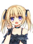 1girl :d bangs bare_shoulders black_choker black_shirt blonde_hair blush collarbone eyebrows_visible_through_hair fang hair_between_eyes hand_up holding holding_hair looking_at_viewer off-shoulder_shirt open_mouth original shirt shirt_straps simple_background smile solo star twintails violet_eyes white_background wrist_cuffs yuuhagi_(amaretto-no-natsu) 