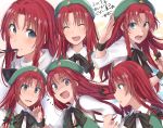  1girl 2017 asa_(coco) beret black_bow black_neckwear bow bowl braid chopsticks closed_eyes commentary_request expressions food green_eyes green_hat green_vest hair_bow hat hong_meiling long_hair looking_at_viewer medium_sleeves neck_bow no_hat no_headwear noodles open_mouth redhead shirt smile star sweat tears touhou twin_braids vest white_shirt wristband 
