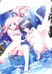  2girls :o absurdres ass bangs barefoot bikini black_eyes black_hair blue_eyes blush eyebrows_visible_through_hair hair_over_one_eye highres kasukabe_akira kirishima_sakura legs long_hair multiple_girls official_art open_mouth pink_hair sakura_nanako sakura_sakura scan short_hair side-tie_bikini swimsuit wardrobe_malfunction water water_slide 