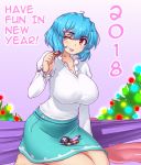  1girl 2018 aqua_skirt barefoot blue_hair bomb breasts christmas_lights commentary english erect_nipples firecrackers gradient gradient_background hater_(hatater) highres holding huge_breasts indoors long_sleeves looking_at_viewer miniskirt new_year one_eye_closed purple_background red_eyes seiza shirt short_hair sitting skirt smile solo tatara_kogasa tongue tongue_out touhou umbrella white_background white_shirt 