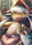  1girl :3 :d absurdres animal_ears arm_up bangs blunt_bangs cape commentary_request ears_through_headwear fish fishing_line fur furry hat helmet highres horizontal_pupils horned_helmet horns long_hair looking_at_viewer made_in_abyss nanachi_(made_in_abyss) open_mouth paws puffy_pants regu_(made_in_abyss) riasgomibako silver_hair smile topless yellow_eyes 