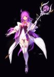  1girl absurdres aether_sage_(elsword) ahoge aisha_(elsword) bangs bare_shoulders black_background dress elsword eyebrows_visible_through_hair full_body gloves hair_between_eyes highres holding long_hair long_sleeves looking_at_viewer open_mouth purple_hair sidelocks signature simple_background solo swd3e2 violet_eyes white_gloves 