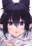  1girl animal_ears bangs black_hair close-up commentary_request eyebrows_visible_through_hair eyes face fingernails hair_between_eyes highres looking_at_viewer mano_(narumi_arata) narumi_arata original parted_lips pointy_ears portrait revision scarf short_hair smile solo violet_eyes white_scarf 