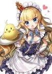 1girl akabane_(zebrasmise) alternate_costume azur_lane bird blonde_hair blue_eyes breasts chick crown curly_hair headband long_hair looking_at_viewer maid plate queen_elizabeth_(azur_lane) ribbon small_breasts solo white_background 