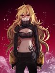  1girl blonde_hair breasts cleavage ecru ember_celica_(rwby) looking_at_viewer navel red_background red_eyes rwby solo stomach_tattoo yang_xiao_long 