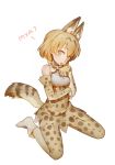  1girl animal_ears ankle_boots bare_shoulders belt blonde_hair boots breasts catchphrase commentary_request elbow_gloves full_body gloves hand_up high-waist_skirt highres kemono_friends kneeling looking_at_viewer medium_breasts orange_gloves orange_legwear orange_neckwear serval_(kemono_friends) serval_ears serval_print serval_tail shirt short_hair simple_background skirt sleeveless sleeveless_shirt solo tail thigh-highs tim_loechner tongue tongue_out white_background white_footwear white_shirt yellow_eyes 
