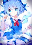  1girl blue_bow blue_eyes blue_hair blush bow cirno closed_mouth eyebrows_visible_through_hair hair_bow ice ice_wings looking_at_viewer puffy_short_sleeves puffy_sleeves short_hair short_sleeves shu_(pjxv7485) smile solo touhou wings 