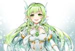  1girl :d colored_eyelashes daybreaker_(elsword) elsword gloves green_eyes green_hair green_neckwear hamericano hand_on_own_chest long_hair looking_at_viewer necktie open_mouth pointy_ears rena_(elsword) smile solo upper_body white_gloves 