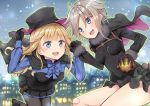  2girls :d ahoge ange_(princess_principal) bangs black_cape black_dress black_footwear black_gloves black_hat black_legwear blonde_hair blue_bow blue_eyes blush boots bow breasts building cape dress eye_contact eyebrows_visible_through_hair fur-trimmed_sleeves fur_collar fur_trim gloves hair_flaps hand_holding hand_on_headwear hat highres holding house impossible_clothes impossible_dress interlocked_fingers light_brown_hair long_hair long_sleeves looking_at_another medium_breasts multiple_girls open_mouth outdoors pantyhose piripun princess_(princess_principal) princess_principal short_hair_with_long_locks signature smile snowing top_hat upper_teeth very_long_hair 