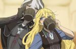  2girls bangs black_cape black_gloves black_hair black_jacket blonde_hair blurry blurry_background blush cape commentary_request cup depth_of_field drinking drunk eyebrows_visible_through_hair gloves grey_hair hair_between_eyes highres holding jacket long_hair long_sleeves looking_at_another lyza made_in_abyss mi_(pic52pic) mug multiple_girls ozen short_hair sweatdrop upper_body whistle 