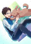  1boy ;d black_hair blue-framed_eyewear brown_eyes dog glasses jacket katsuki_yuuri licking male_focus one_eye_closed open_mouth rayu smile tongue tongue_out track_jacket vicchan younger yuri!!!_on_ice 