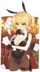  1girl animal_ears bare_shoulders black_bow black_gloves black_leotard black_neckwear blonde_hair blush bow bowtie braid breasts brown_legwear buckle bunny_tail bunnysuit card casino cleavage club_(shape) collarbone cropped_legs detached_collar diamond_(shape) french_braid girls_frontline gloves gluteal_fold green_eyes hand_on_own_face highres holster kylin large_breasts leotard looking_away one_side_up pantyhose playing_card rabbit_ears roulette solo spade_(shape) standing sweat tail thigh_holster thigh_strap thinking welrod_mk2_(girls_frontline) 