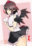  1girl black_hair black_skirt book commentary_request from_behind hat highres holding holding_book looking_at_viewer looking_back pointy_ears puffy_short_sleeves puffy_sleeves red_eyes red_neckwear shameimaru_aya shirt short_hair short_sleeves skirt solo taketora_suzume tokin_hat touhou translation_request white_shirt 