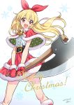  1girl :d aikatsu! axe bell belt blonde_hair blush boots bow christmas commentary cowboy_shot dated floating_hair fur_trim gloves gradient gradient_background hair_bow hairband highres hoshimiya_ichigo long_hair merry_christmas morikura_en open_mouth perspective red_eyes santa_boots santa_costume santa_gloves signature skirt smile snowflakes solo sunrise_stance 