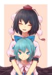  2girls black_hair blue_bow blue_eyes blue_hair bow cirno closed_eyes commentary_request hair_bow hat multiple_girls open_mouth pom_pom_(clothes) puffy_short_sleeves puffy_sleeves roke_(taikodon) shameimaru_aya shirt short_sleeves smile tassel tokin_hat touhou white_shirt 