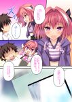  2boys astolfo_(fate) black_bow black_hair black_ribbon blush bow braid comic comiket fang fate/apocrypha fate/grand_order fate_(series) fujimaru_ritsuka_(male) hair_intakes hair_ribbon kouzuki_hajime long_braid multicolored_hair multiple_boys pink_hair red_sailor_collar ribbon single_braid speech_bubble streaked_hair translation_request trap violet_eyes waistcoat 