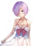  1girl bare_shoulders blush breasts cherim cleavage closed_mouth dress fate/grand_order fate_(series) glasses hair_over_one_eye highres large_breasts looking_at_viewer mash_kyrielight purple_hair short_hair simple_background smile solo violet_eyes white_background white_dress 