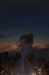  1girl bangs brown_hair city_lights cityscape coat commentary_request grey_eyes highres litra_(ltr0312) long_sleeves looking_back moon night night_sky original outdoors parted_lips scarf short_hair sky solo standing winter_clothes winter_coat 