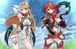  2girls absurdres blonde_hair brown_eyes fingerless_gloves gloves gluteal_fold highres mythra_(xenoblade) pyra_(xenoblade) looking_at_viewer multiple_girls nez-kun outstretched_hand reaching_out red_eyes redhead short_shorts shorts smile thigh-highs thigh_strap tiara xenoblade xenoblade_2 