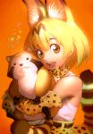  1girl animal_ears araiguma_rascal blonde_hair bow bowtie carrying crossover elbow_gloves extra_ears gloves high-waist_skirt highres hug kemono_friends looking_at_viewer open_mouth orange_eyes print_bow print_gloves print_neckwear print_skirt raccoon rascal_(araiguma_rascal) serval_(kemono_friends) serval_ears serval_print serval_tail shirt short_hair skirt sleeveless sleeveless_shirt smile striped_tail tail ug_(ugg) upper_body white_shirt 