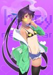  1girl 2018 :&lt; absurdres animal_ears artist_name bikini bikini_under_clothes black_bikini black_legwear blush body_writing breasts cat_ears cigarette cowboy_shot denim denim_shorts erect_nipples facial_mark fang fang_out fps gluteal_fold green_jacket hand_in_pocket hand_up happy_new_year heart heart_print highres holding holding_cigarette jacket long_hair long_sleeves looking_at_viewer navel new_year off_shoulder one-piece_tan open_clothes open_fly open_jacket original outline pink_eyes purple_hair short_shorts shorts single_bare_shoulder small_breasts smoke smoking solo standing stomach swimsuit tan tanline thigh-highs thong_bikini twintails unbuttoned very_long_hair violet_eyes white_outline 