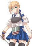  1girl ahoge alternate_costume arrow artoria_pendragon_(all) asakawa_shinka black_legwear blonde_hair blue_hakama blue_ribbon blush bow_(weapon) cosplay cowboy_shot fate/stay_night fate_(series) gloves green_eyes hair_bun hair_ribbon hakama hakama_skirt hip_vent japanese_clothes kaga_(kantai_collection) kaga_(kantai_collection)_(cosplay) kantai_collection kimono looking_at_viewer muneate parted_lips partly_fingerless_gloves pleated_skirt ribbon saber sidelocks simple_background skirt solo tasuki thigh-highs weapon white_background white_kimono yugake 