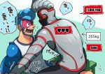  2boys arms_(game) blue_hair blush boxing_gloves domino_mask kemukemuke male_focus mask multiple_boys pompadour robot short_hair simple_background spring_man_(arms) yaoi 