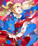  1girl alternate_costume blonde_hair blue_dress blue_legwear clownpiece dress frills hat highres jester_cap long_hair looking_at_viewer neck_ruff no-kan open_mouth petticoat red_sash sandals sash sitting sleeves_past_wrists smile solo star star_print thigh-highs touhou violet_eyes wide_sleeves zettai_ryouiki 