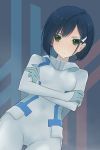 1girl blue_hair breasts covered_navel crossed_arms darling_in_the_franxx dutch_angle expressionless fmttps green_eyes hair_ornament hairclip highres ichigo_(darling_in_the_franxx) looking_at_viewer medium_breasts pilot_suit short_hair skin_tight solo standing 