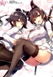  2girls animal_ears ass atago_(azur_lane) azur_lane bangs black_panties blush bow bowtie breasts brown_eyes brown_hair buttons checkered checkered_background chinese dutch_angle eyebrows_visible_through_hair flower garter_straps gloves hard_translated hard_translated_(non-english) highres katana large_breasts long_hair looking_at_viewer looking_back military mole mole_under_eye multiple_girls open_mouth page_number panties pantyhose petals ponytail scan smile sword takao_(azur_lane) thigh-highs tomose_shunsaku underwear uniform weapon white_gloves 
