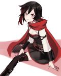  1girl black_hair breasts cape cleavage corset ecru grey_eyes multicolored_hair redhead ruby_rose rwby sitting smile solo thigh-highs torn_clothes torn_thighhighs white_background 