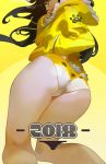  1girl 2018 ass black_hair gradient gradient_background hood hoodie kinggainer long_hair looking_back looking_down original panties solo thighs underwear yellow_background 