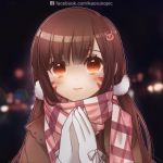  1girl alternate_hairstyle atobesakunolove brown_eyes brown_hair d.va_(overwatch) gloves highres jacket lens_flare long_hair looking_at_viewer night overwatch plaid plaid_scarf scarf smile solo watermark web_address whisker_markings winter 