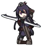  1girl akatsuki_(kantai_collection) archery arrow bangs boots bow_(weapon) cross-laced_footwear dungeons_and_dragons eyebrows_visible_through_hair eyepatch full_body grey_footwear grey_hat grey_legwear hair_between_eyes hat hat_feather highres holding holding_bow_(weapon) holding_weapon kantai_collection lace-up_boots long_hair looking_at_viewer mini_hat one_knee open_mouth purple_hair quiver ranger raythalosm simple_background thigh-highs thigh_boots v-shaped_eyebrows very_long_hair violet_eyes wavy_mouth weapon white_background 
