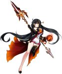  1girl ara_han black_footwear black_gloves black_hair black_legwear elbow_gloves elsword eyeshadow feather_boa full_body gloves hair_ornament hair_stick holding holding_spear holding_weapon long_hair looking_at_viewer low_twintails magic makeup official_art polearm sando_(artist) shoes single_thighhigh smile solo spear standing standing_on_one_leg tassel thigh-highs twintails weapon yama_raja_(elsword) yellow_eyes 