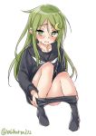  1girl bangs black_legwear black_serafuku blush crescent crescent_hair_ornament ebifurya eyebrows_visible_through_hair full_body green_eyes green_hair hair_between_eyes hair_ornament highres kantai_collection long_hair long_sleeves looking_at_viewer nagatsuki_(kantai_collection) no_shoes open_mouth pantyhose school_uniform serafuku sidelocks simple_background sitting solo sweat twitter_username white_background 