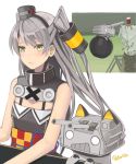  1girl amatsukaze_(kantai_collection) animal_ears cannon cat_ears coffee_cup flat_chest getting_over_it grey_hair hair_tubes hat highres kantai_collection light_blush long_hair mini_hat o_o rensouhou-kun retorillo sleeveless turret two_side_up white_background yellow_eyes 